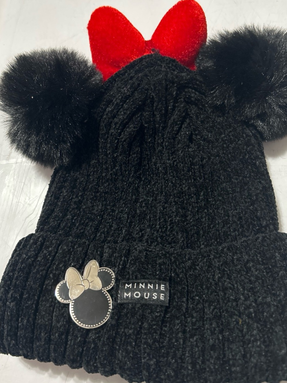 Disney Minnie Mouse Black Knit Hat with Red Bow & Pom-Poms
